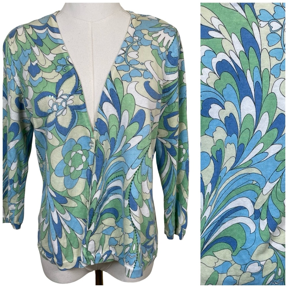 Vintage NY & Co Cardigan Sweater Women L Blue Green Psychedelic Floral Mod Retro